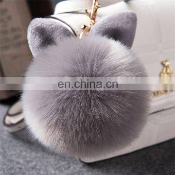 Cute Rabbit Ear Factory Rabbit/Fox Fur Pom Pom fluffy Ball Bobble Keychain with Strap and Metal Buckle Key Ring