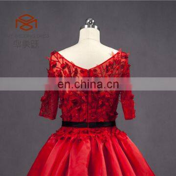 Supplier In China Shiney Short Sleeve Ball Gown Organza Handmade Flower Beaded Red Prom Dress photo-5