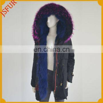 Jsfur Wholesale Long Parka Dyed Raccoon Fur Hood Fox Fur Lining