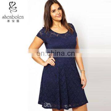 2015 Summer clothing fashionable dress for fat women fashion dress boat neck lace dress