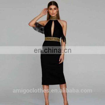 Amigo 2017 new style halter golden beaded midi sexy cut out tassel bandage dress expensive evening dresses for women club wear