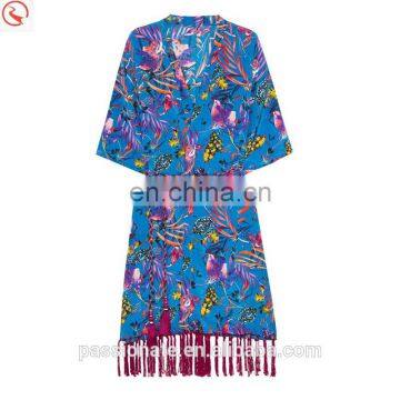 Tasseled digital print beachwear silk chiffon kaftan for women