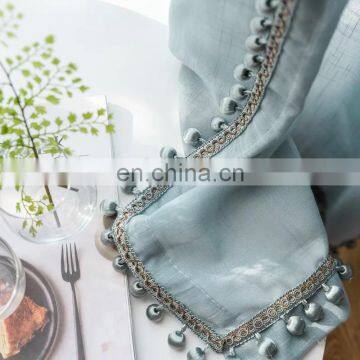 Polyester blue sheer fabrics with pom pom china curtain manufacturer