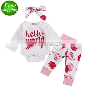 hello world 2019 Baby Rompers Outfits & kids rose flower full print pants & hat 3pc set