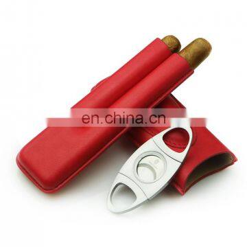 Handmade Portable High Quality 2piece Genuine Leather Custom Cigar Holder Case with Cutter Gift Set