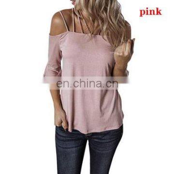 European and American Women's Clothing Autumn New Wish Explosion Style Word Shoulder Strap Flared Sleeve T-shirt Female photo-3