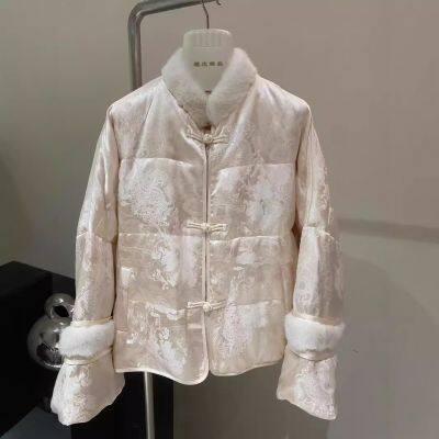 The New Winter Stand-up Collar Mink Fur Coat With Silk Jacquard Buttons and Thickened Chinese-style Goose Down Jackets Exude a High-end Feel for Women photo-3