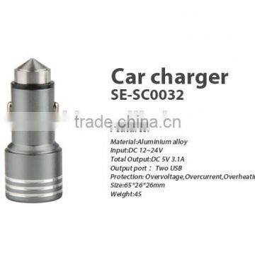 Smart Car Charger 5V 2.1A Dual USB Port with safety Hammer