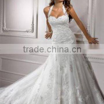 2015 New Custom Made BacklessTulle Applique Beading Crystal A-Line Lace Wedding Dress Bridal Gowns