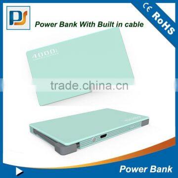 New ultra thin polymer metal card mobile power bank 4000mah with built-in cable and rubber oil finish surfance