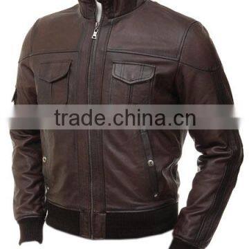 men's Tan Leather Bomber Jacket: