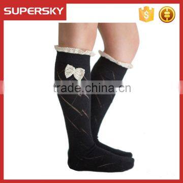 C04-8 Fashion Lady Custom Black Over The Knee Knit Lace Boot Socks Stretchy Knit Buttons Boot Socks Women Cotton Leg Warmers