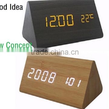 2016 hot sale home decoration led wooden digital triangle clock for promotion and gifts