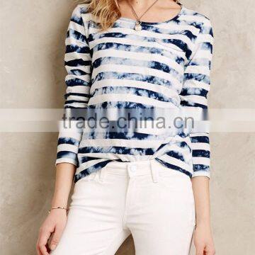 2015 woman t-shirt summer long sleeve stripe tie-dye tee shirt design SYA15235