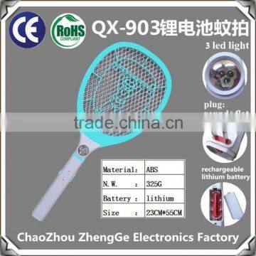 QX903-1 Rechargeable Mosquito Racket Fly Swatter With Round or Flat Plug Lithium Battery Operated