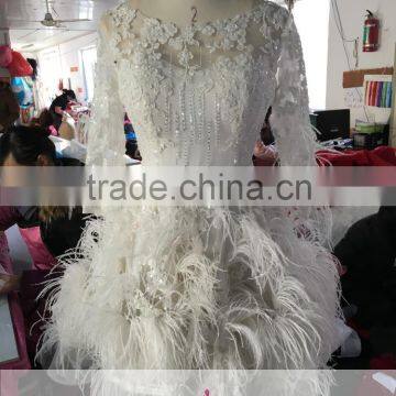 AR-7 Fashion Hot Sell Appliques Sequined O-Neck Backless Sleeves A-Line Lace Short Feathers Ball Gown Wedding Dress 2016