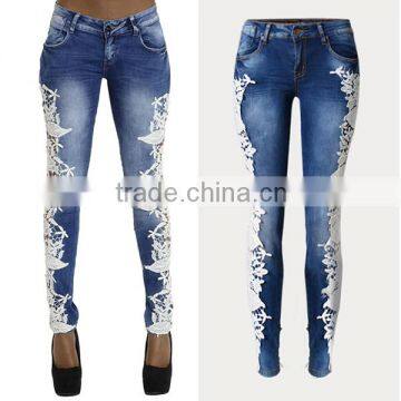 2016 Summer Fashion Women Fancy See Through Jean Trousers Ladies Sexy Lace Patchwork Vogue Narrow Bottom New Model Jeans Pants