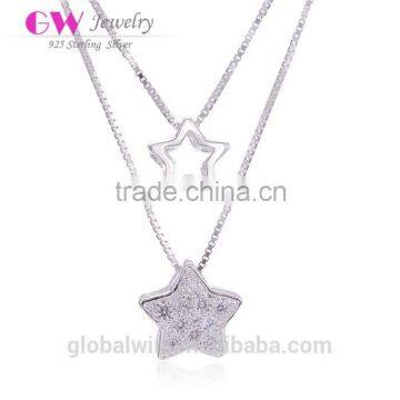 New Fashion Silver Crystal 2 Chains Five-pointed Star Design Necklace Pendant