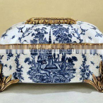 Chinese painting design blue and white color brass decorative ceramic tissue box