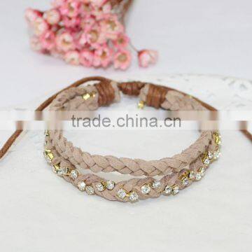 Rhinestone Chain Suede Leather Braided Layered Bracelet Double Strand Velvet Leather Handwoven Bracelet photo-3