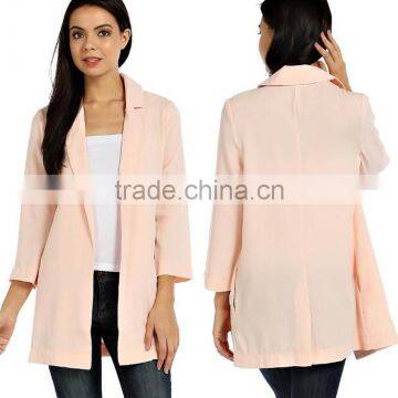 women SOLID WOVEN POCKET TRIM LONGLINE OPEN BLAZER wholesale