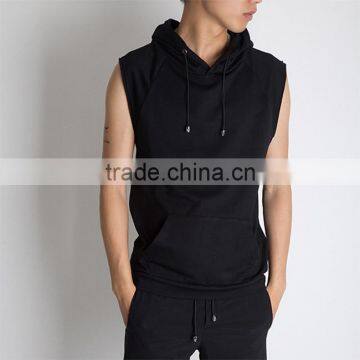 Customized clothing kangaroo pocket plain black sleeveless hoodie