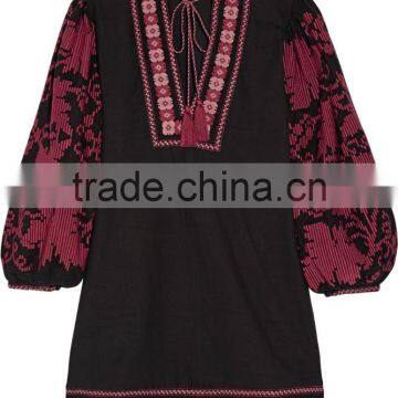 Ukrainian Boho Clothing Embroidered Cotton Mini Dress Machine Embroidery Intricate Plum Pattern And Tasseled Ties 2016 HSD5690 photo-3