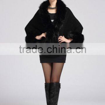 2015 Winter Fashion Knitting With Faux Fox Fur Shawl Woman Cape