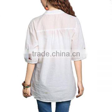Wholesale Ladies Tops Cheap Price Half Sleeves Mature Linen and Cotton Ladies Embroidered Blouse photo-3