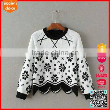 Latest design long sleeves patterns pullover knit jacquard sweater