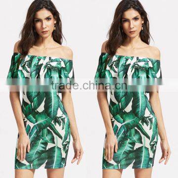 2017 summer women sexy green leaves printed word collar lotus leaf dress