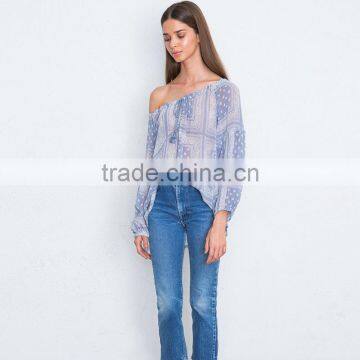Fringed Drawstring Elastic Neckline Sheer Georgette Peasant Blouse photo-4