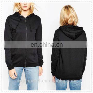 china fashion black zip opening 100% cotton drawstring sweatshirt hoodie