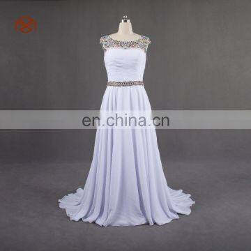 Cheap Good Quality Low V Back Handmade Ruching Beaded Neck And Waist White Chiffon Evening Dress