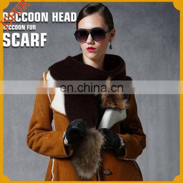 Popular style 2014 Winter real fur knitted raccon fur 100% wool scarf