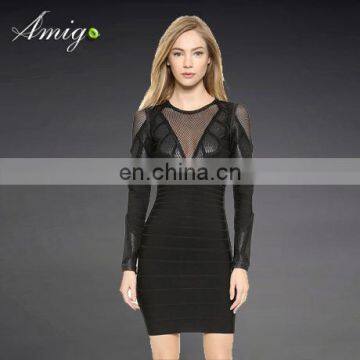 Fashion high quality beautiful women black mesh lace long sleeve skirt dresses