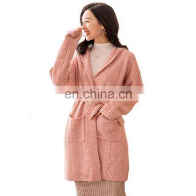 Women Long Cable Knit Loose Thick Cashmere Cardigan Sweater with Hoodie