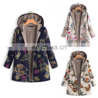 New Fashion Women Autumn Winter Cotton Linen Flower Printing Zipper Casual Warm Tops Fleece Plush Thicken Coat Jacket