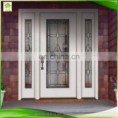 Modern Double Front Doors White Solid Wood External Oak Home Entry Door With Two Sidelights and Art Glass photo-2