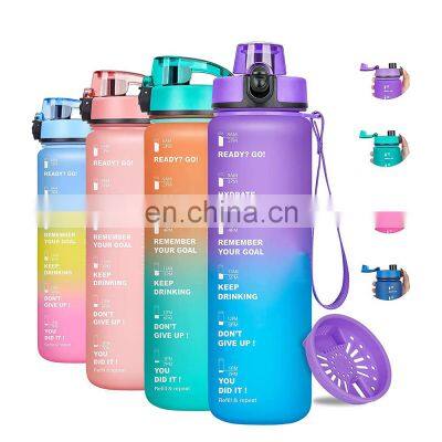 Gradient 1000ml Fitness Sports Yoga Leakproof Plastic PETG BPA Free Water Bottle with Motivational Time Marker