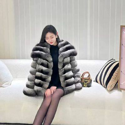 New Autumn And Winter Full Leather Rex Rabbit Fur Coat for Women Imitation Chinchilla Hooded Short Striped Fashion