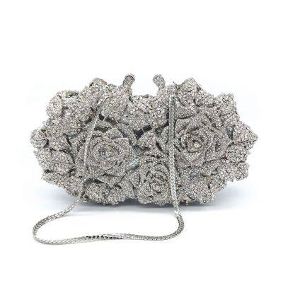 Golden Silver Luxury Crystals Evening Bags Fashion Rose Flower Diamonds Clutch Bags Soiree Purse Women Wedding Bride Handbags