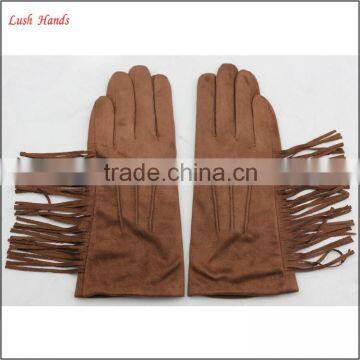 ladies brown suede leather hand gloves with tassel