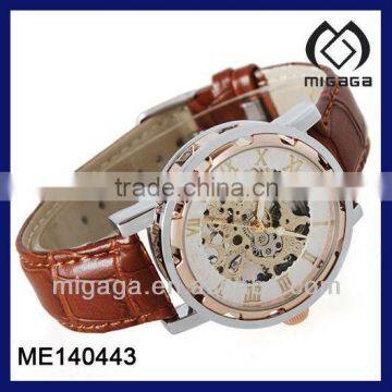 Excellent Skeleton Brown Leather Mens Watch Wind-up Mechanical Watch