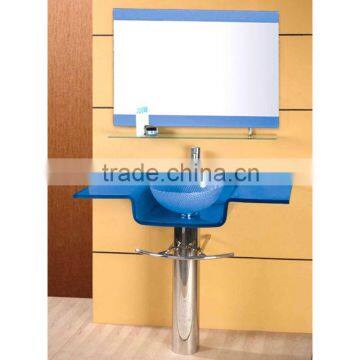 High Quality Tempered Wall Hung Bathroom Glass Sink, Blue Color Glass with Stainless Steel Holder