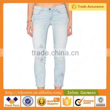 Chinese Style Popular Light Blue Women Skinny Embroider Jeans