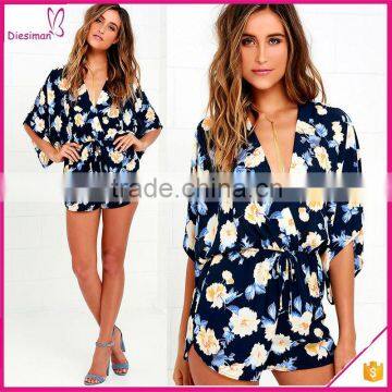 Hot Selling Elastic Waist Short Sleeve Navy Blue Floral Print Sexy Women Romper