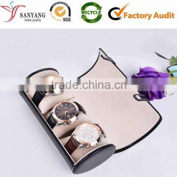 Personalized Black Leather Jewelry Display Box Round 3 Slots Watch Box With Pillow