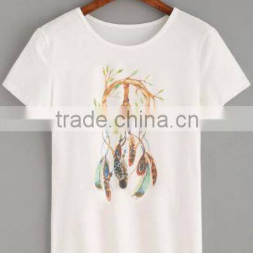 T-shirts latest fashion design women clothing White Feather leaves Print T-shirt