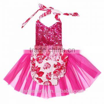 Infant summer halter party designer hot pink sequin flower grenadines slip soft funny baby romper